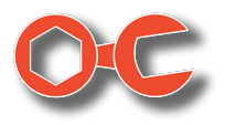 Red OC logo with gray outline and shadow on a white background