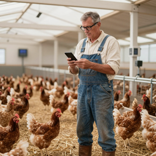 Un granjero con overol revisa su teléfono entre las gallinas dentro de un gallinero.