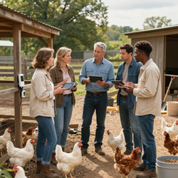 Gente hablando con tabletas entre gallinas en un corral, junto a cobertizos de madera.