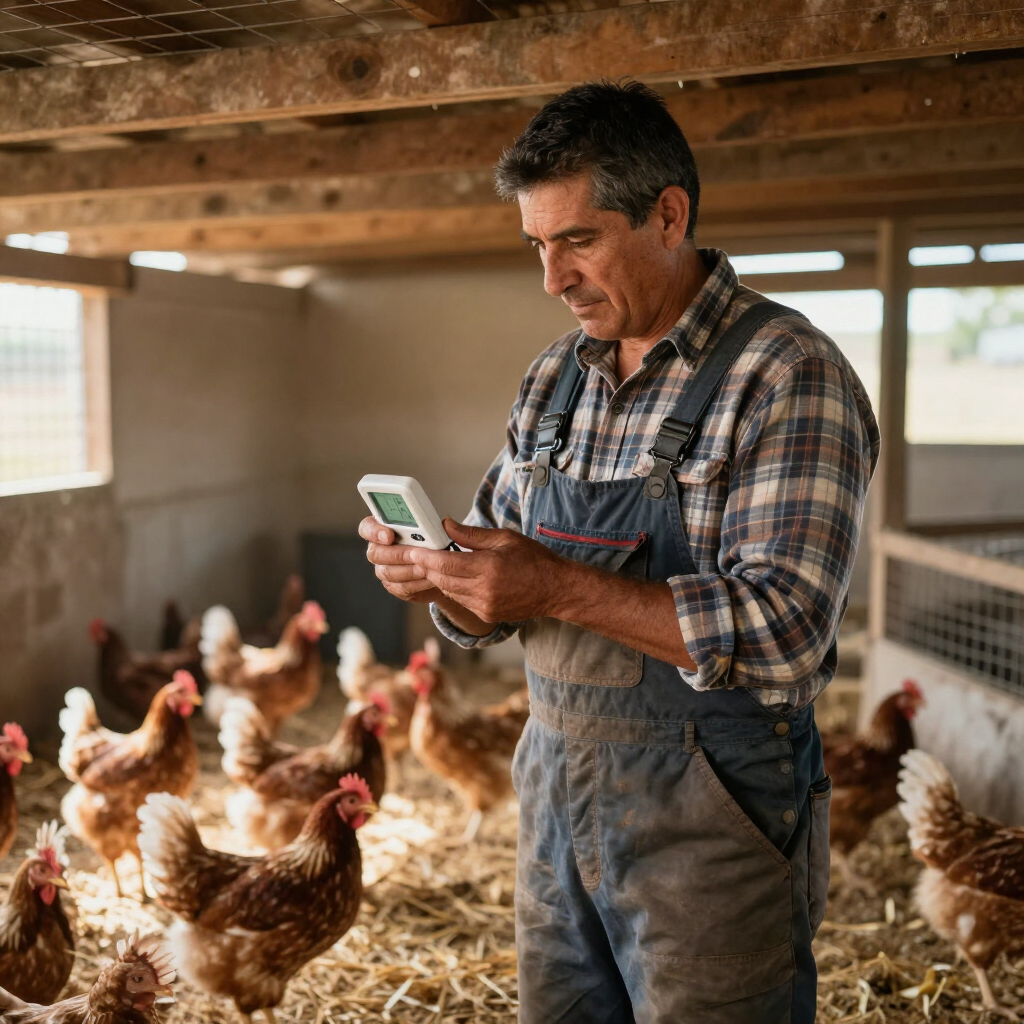 Un granjero revisa su teléfono inteligente en un gallinero entre gallinas que pastan libremente.