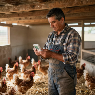 Un granjero revisa su teléfono inteligente en un gallinero entre gallinas que pastan libremente.
