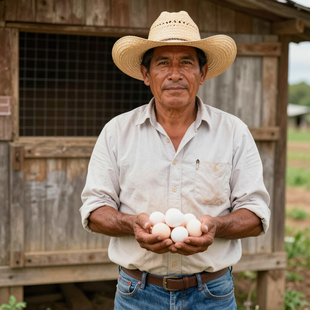 Un granjero con sombrero de paja sostiene huevos frente a un gallinero rústico de madera.