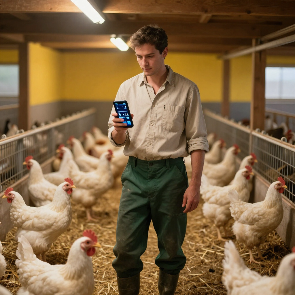 Un granjero sostiene un teléfono inteligente mientras está de pie entre gallinas blancas en un gallinero.