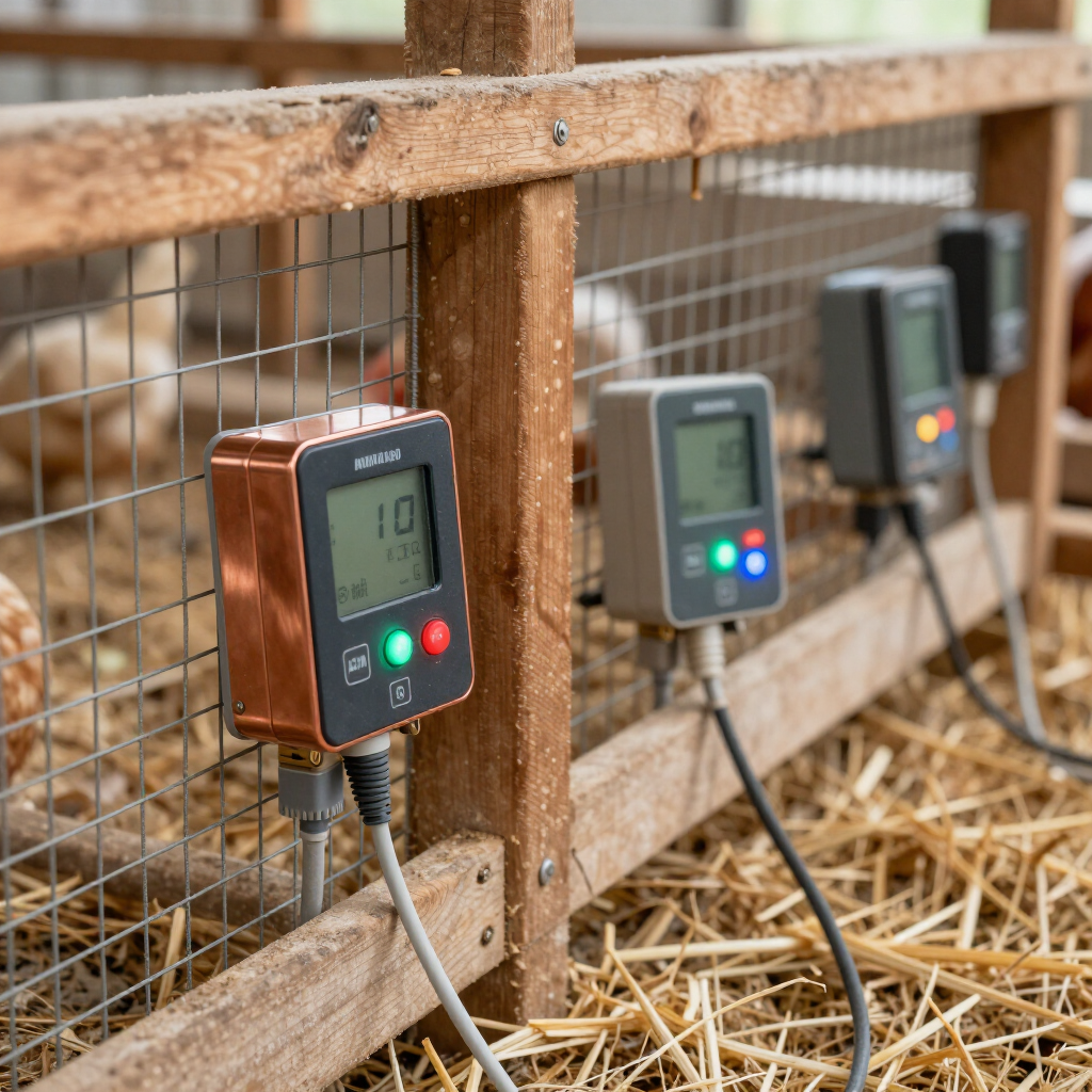 Controladores digitales montados en una cerca de madera para animales, con cables y lecho de paja cerca.