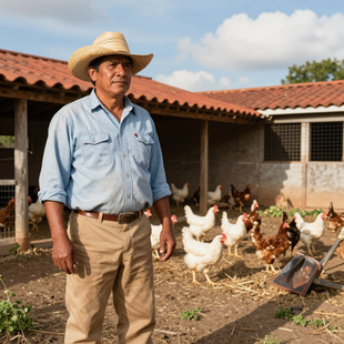 Hombre con sombrero de paja de pie junto a gallinas en un corral, al lado de un gallinero con techo rojo.