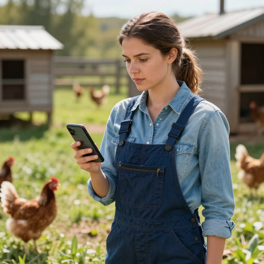 Una mujer con un mono vaquero revisa su teléfono en un gallinero con gallinas cerca.