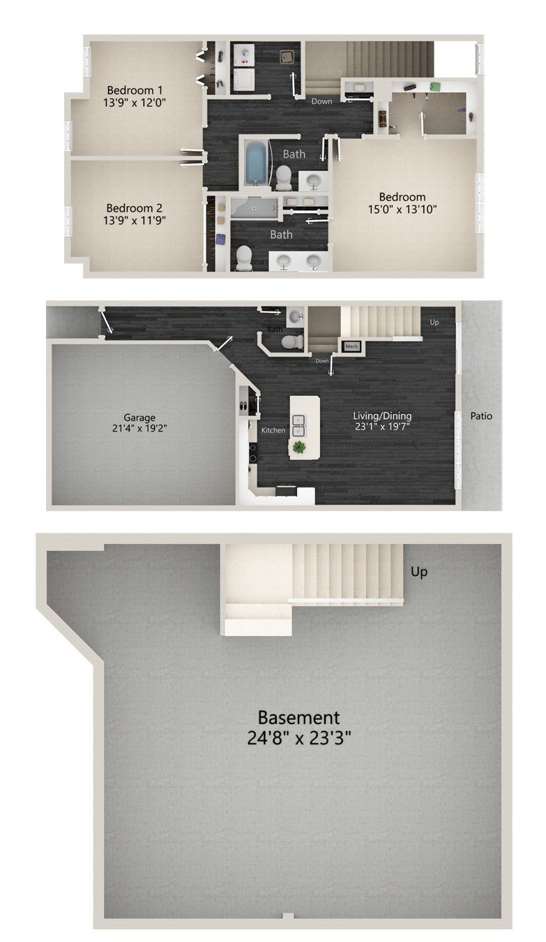 Floor plan of a multi-level dwelling with a basement, main floor, and upper floor; showing room layouts and measurements.