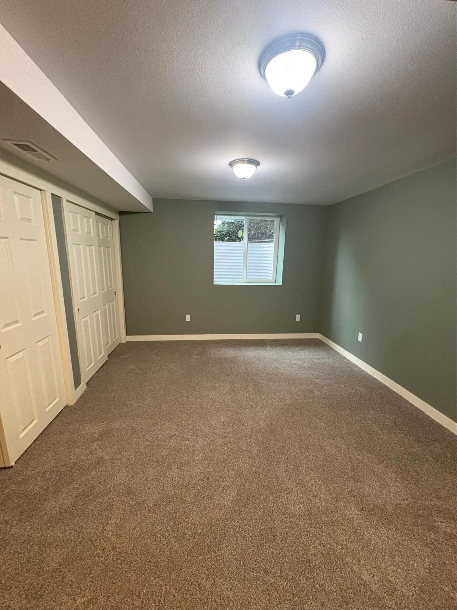 Empty carpeted bedroom with green walls, white closet doors, and a window with blinds.