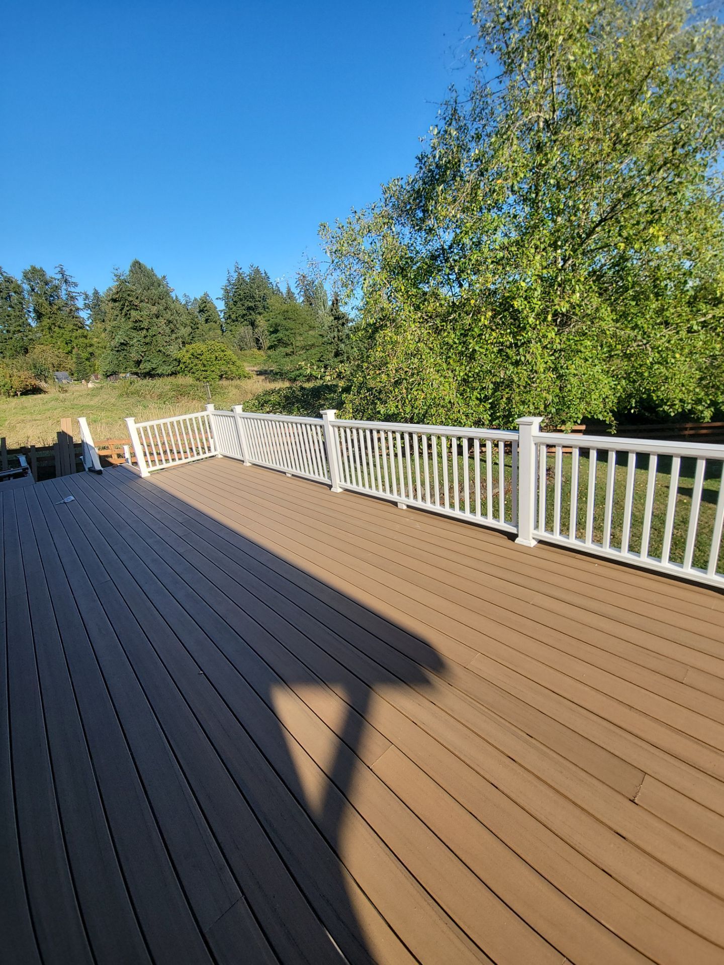 Sunlit wooden deck with white railing, trees beyond, and a chair in the shadow