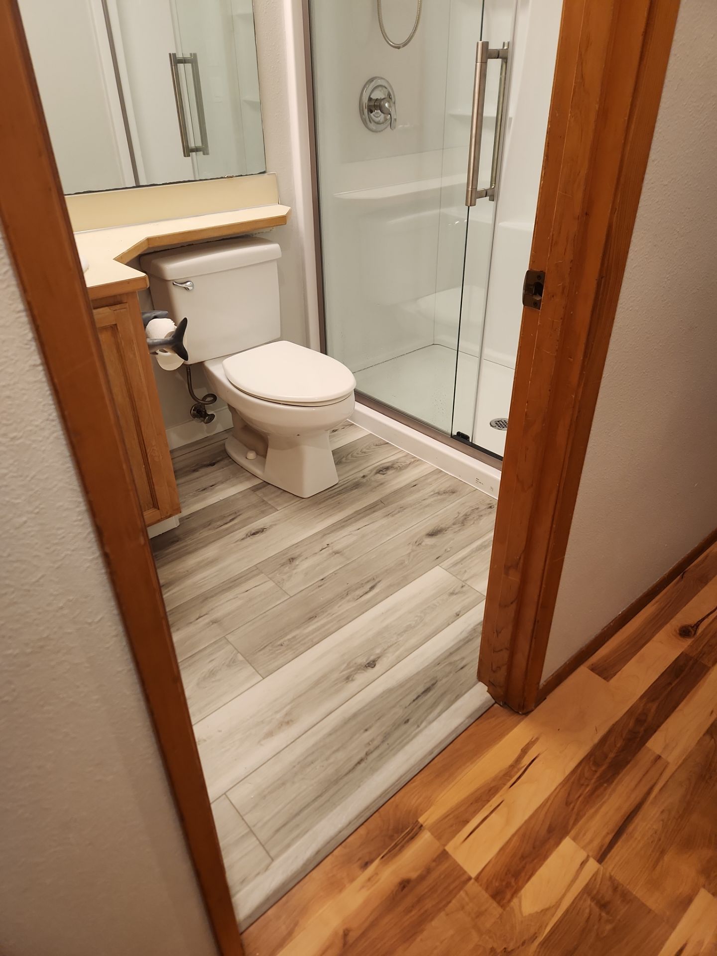Small bathroom with white toilet, glass shower, and wood-look tile flooring viewed through a doorway