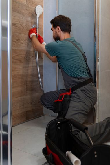 Worker cleaning a shower wall with a sponge and hose, kneeling inside the stall.