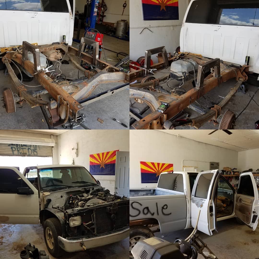 Four-panel collage showing a truck undergoing restoration: disassembled frame, and a cab and body with Arizona flag backdrop.