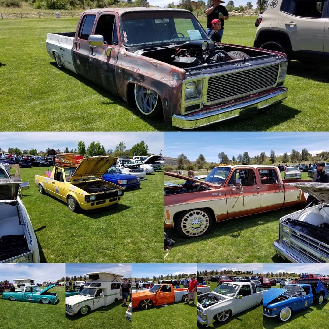 Collage of various classic trucks at an outdoor car show on a sunny day; different colors and conditions on display.