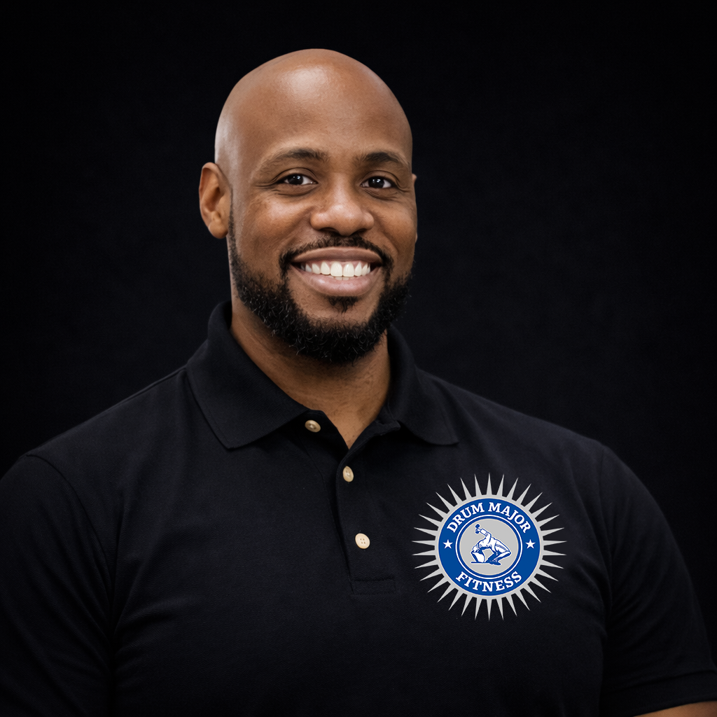 A smiling person wearing a black polo shirt with a circular logo featuring a mascot on their left chest against a black background.