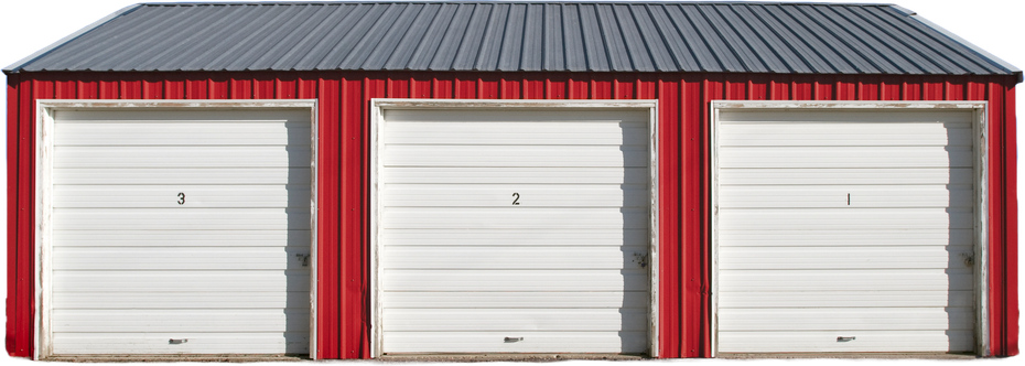 Three red storage units with white doors, each numbered Three red storage units with white doors, each numbered