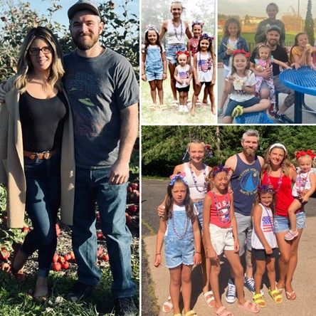 A collage of photos of a family posing for a picture.