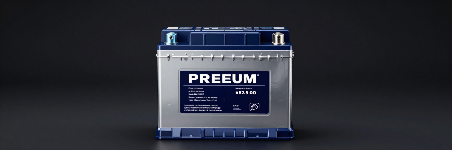 Batería azul con la etiqueta “PREUM” sobre fondo blanco.