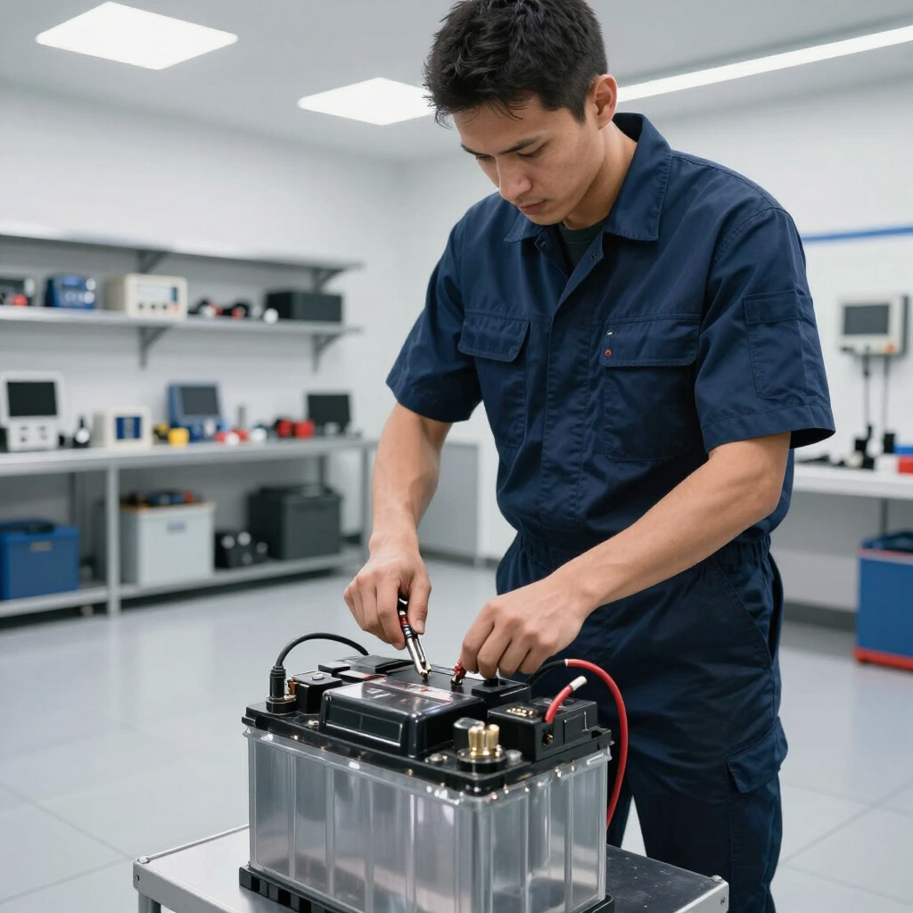 Técnico en un laboratorio ajustando cables en una gran unidad de batería en un taller bien iluminado.