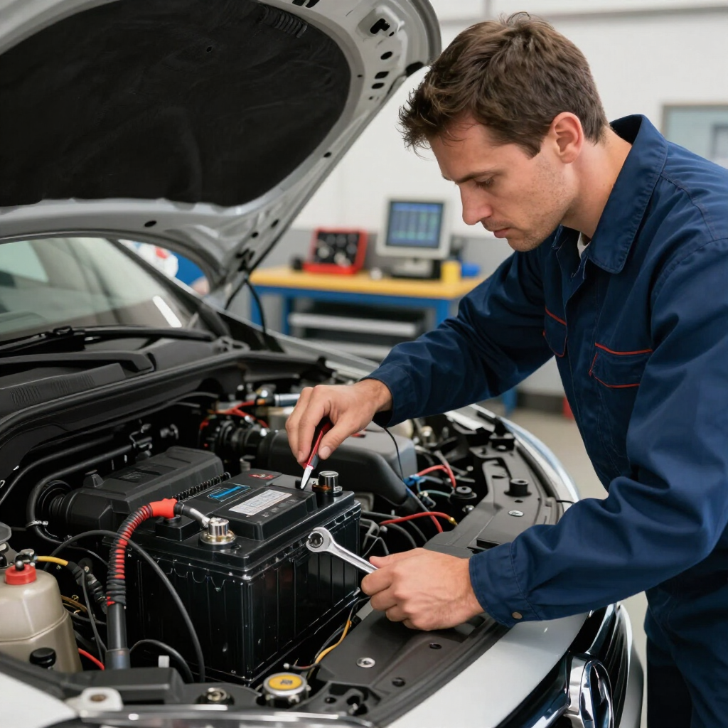 Mecánico inspeccionando una batería de automóvil en un compartimento del motor abierto con el capó levantado.