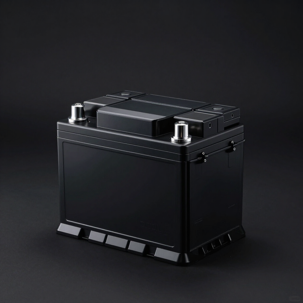 Caja de batería industrial de metal negro con terminales plateados sobre un fondo oscuro.
