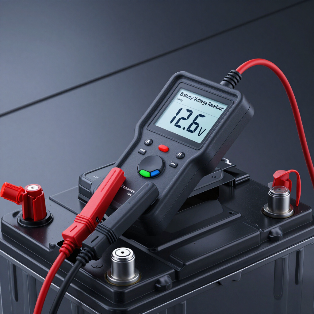 Multímetro digital conectado a una batería de coche con cables de prueba rojos, mostrando 12,6 V.