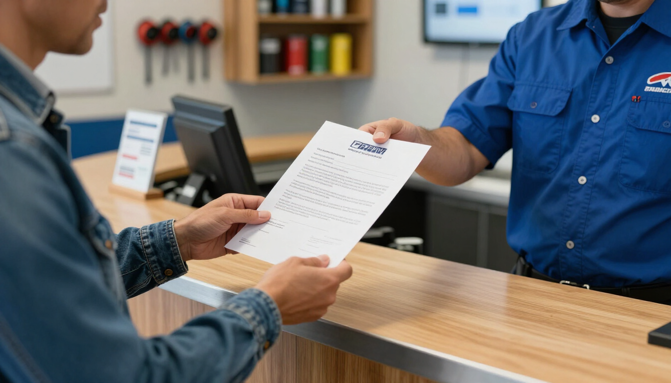 El cliente entrega un documento a un empleado en un mostrador de servicio en una oficina o tienda.