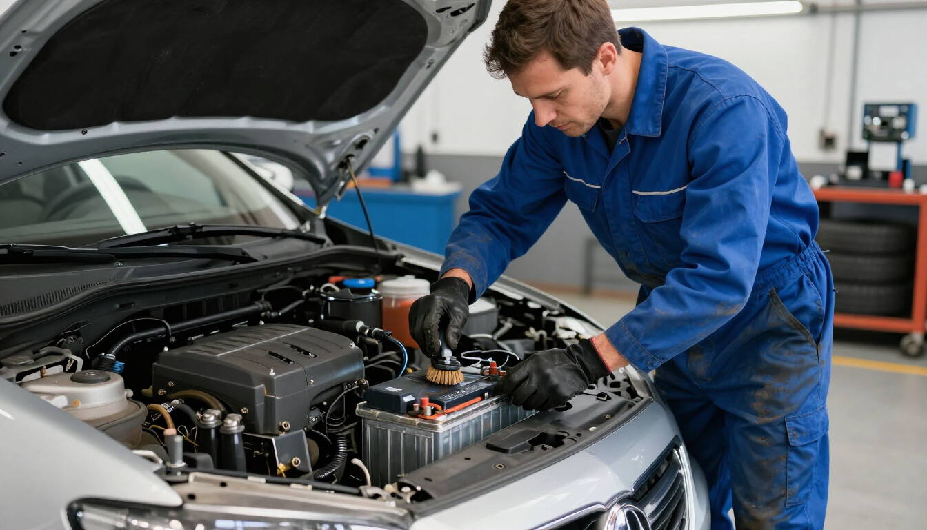 Mecánico con mono azul inspeccionando el motor de un coche en un taller de reparación.