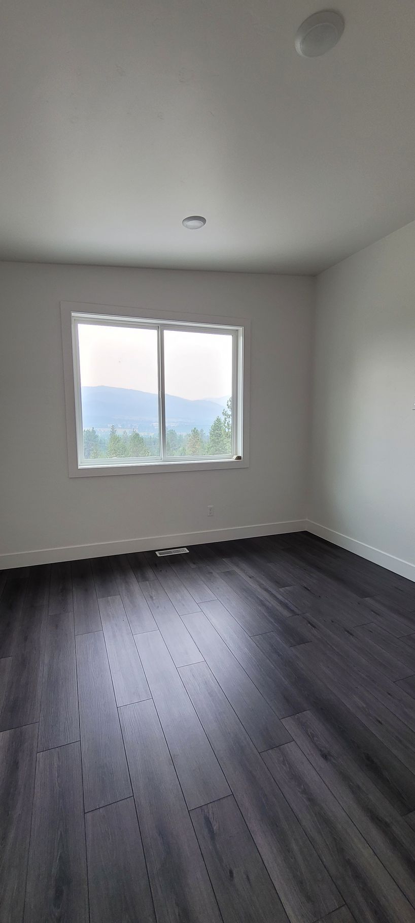 Empty unfurnished room with dark wood floor, white walls, and a window showing mountains.