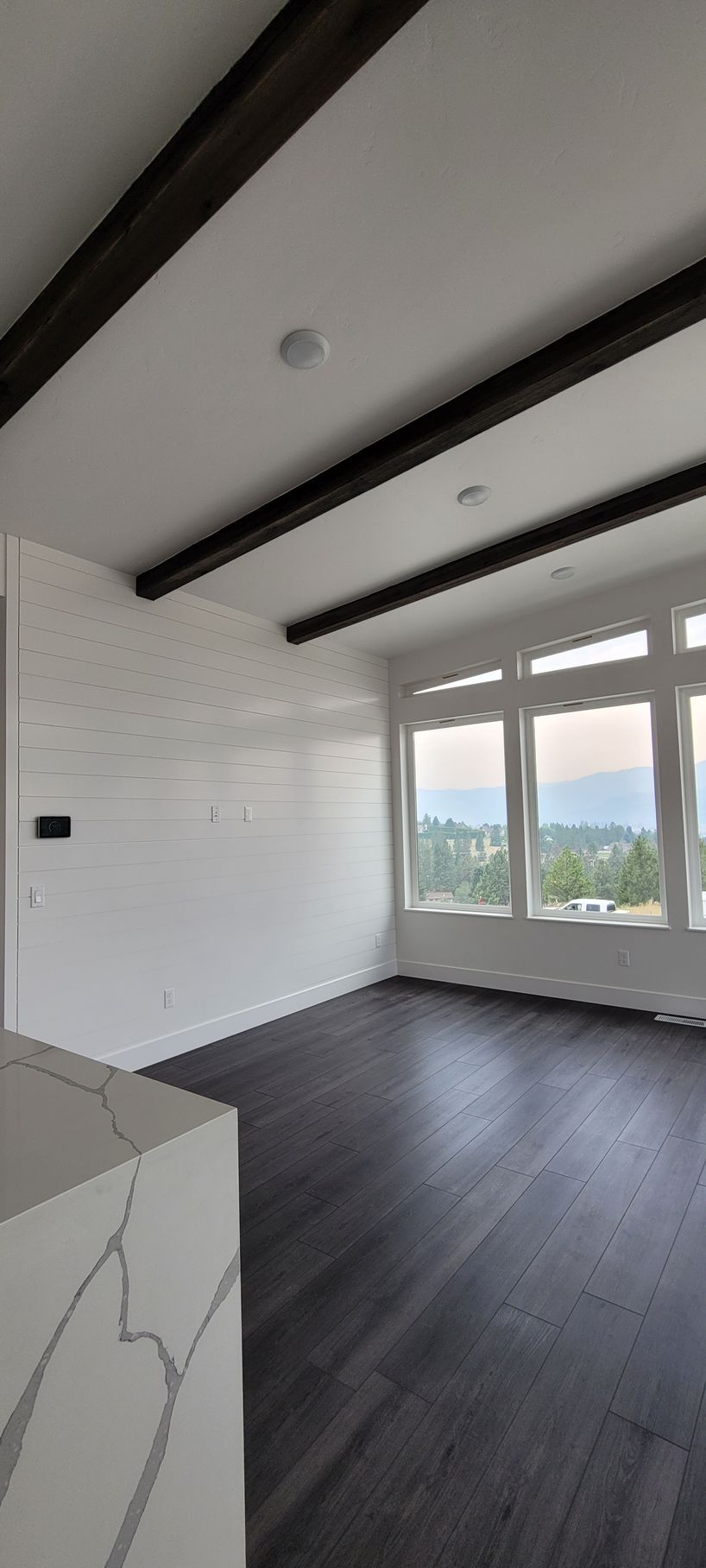 Bright empty room with dark wood floors, white walls, exposed beams, and large windows overlooking trees and hills