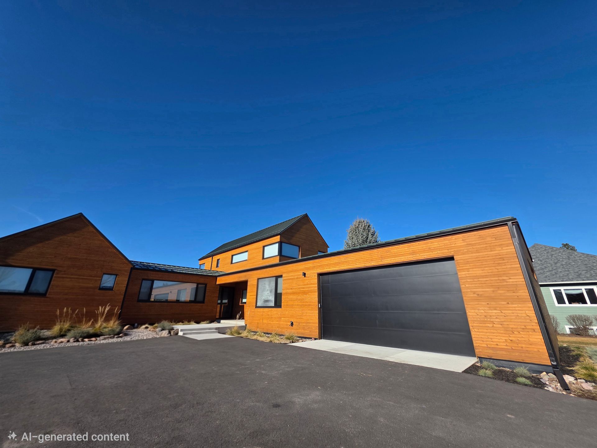 Modern orange-brick house with dark garage door, large driveway, and clear blue sky