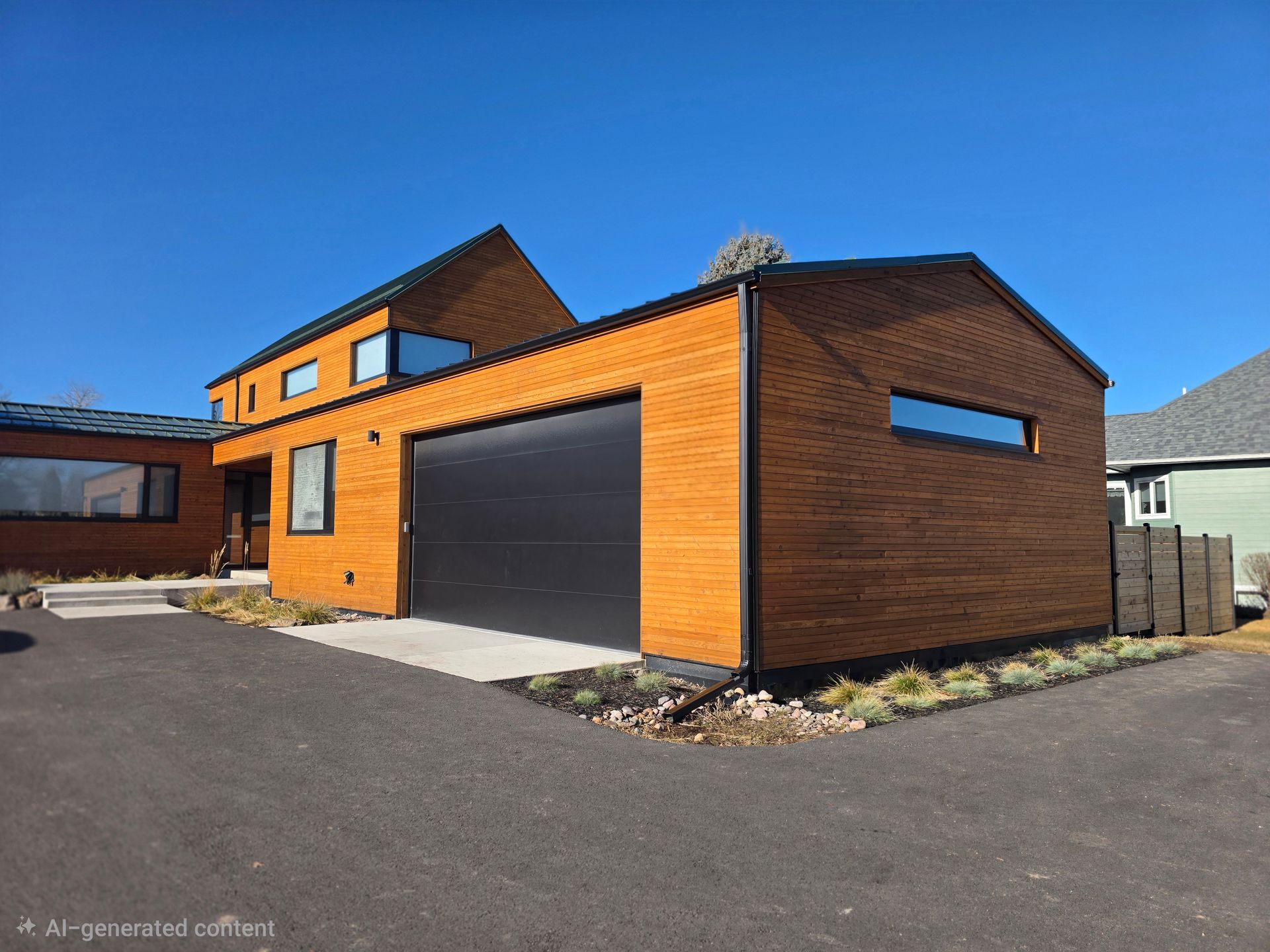 Modern orange house with black garage door and sloped roof on a sunny street