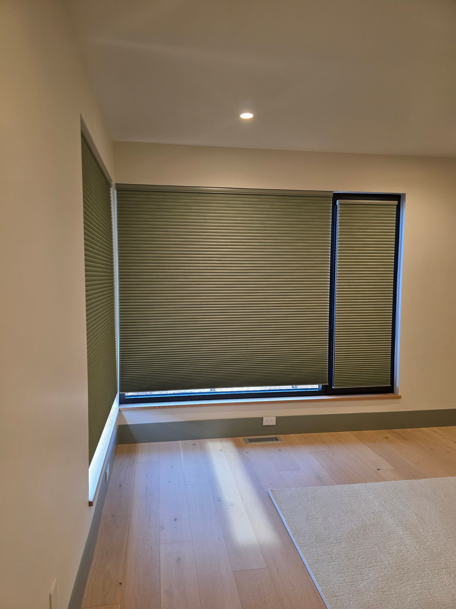 Empty room with closed olive blinds, beige walls, wood floor, and a carpet edge near a window.