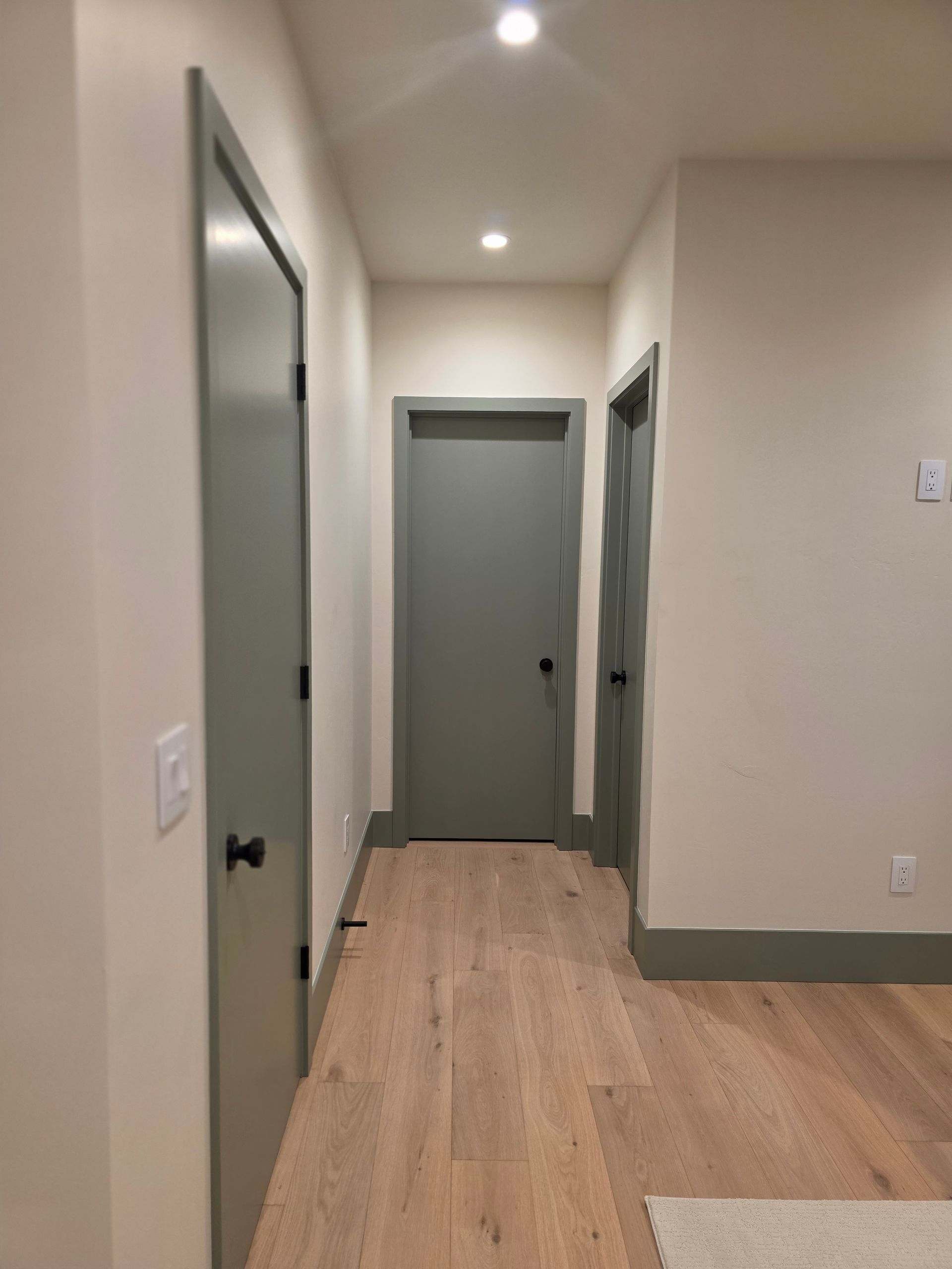 Empty hallway with beige walls, wood flooring, and gray doors under recessed ceiling lights