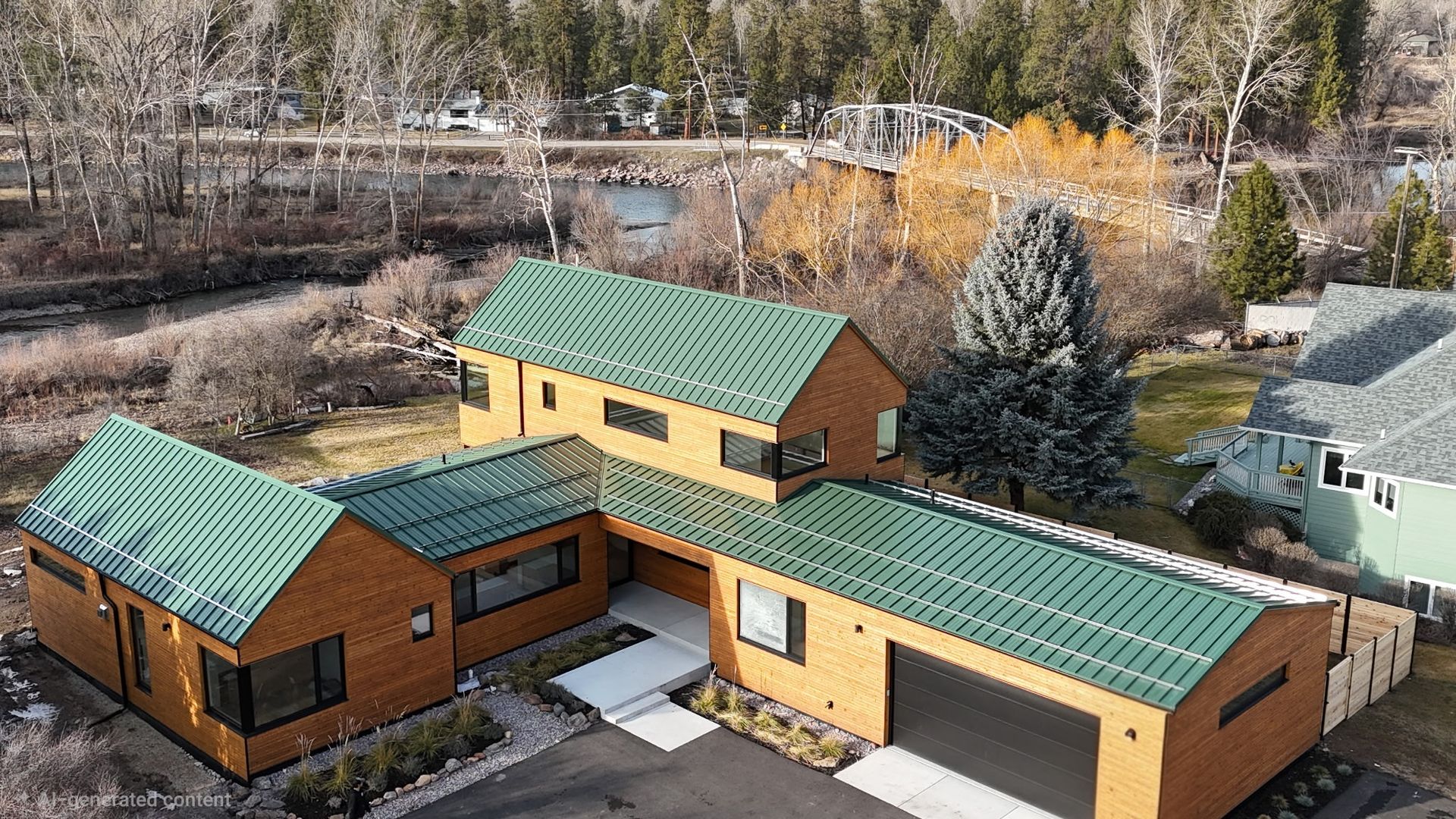 Aerial view of a house with green metal roofs and wood siding, surrounded by trees and neighboring homes.