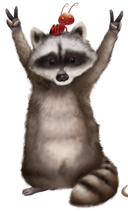 Cartoon raccoon standing with paws raised, smiling, with a red crab on its head