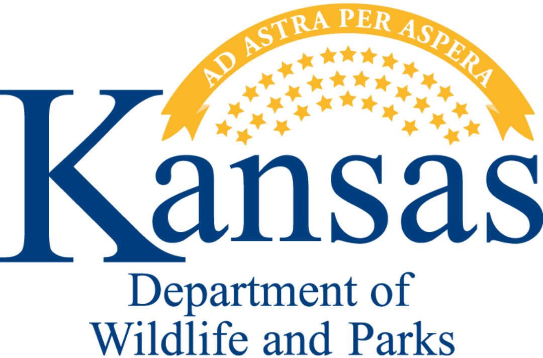 Logo for the Kansas Department of Wildlife and Parks with a blue text-based design and a yellow arch containing stars.
