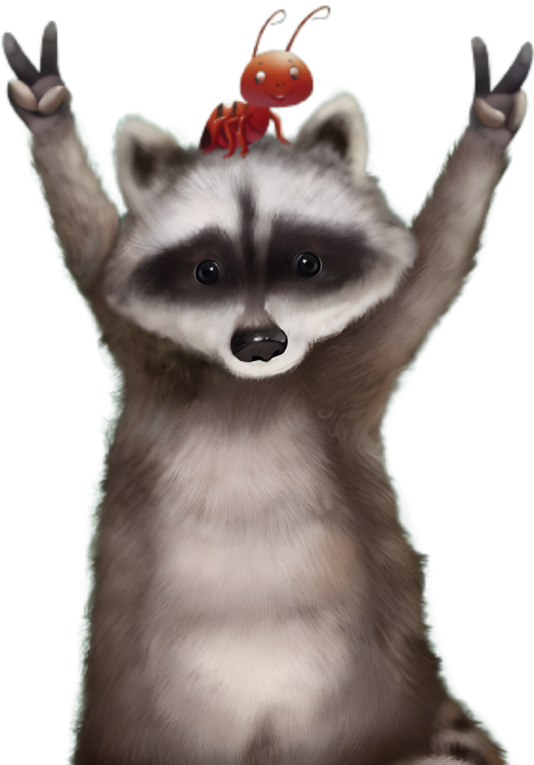 A raccoon with its paws raised in peace signs has a small red ant sitting on the top of its head.