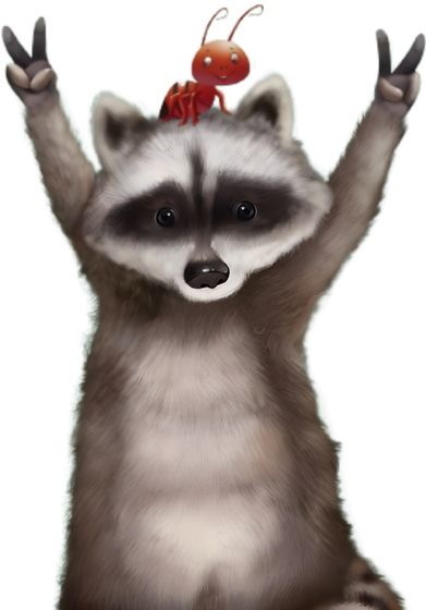 A raccoon with a small red ant on its head, both arms raised with fingers in peace signs against a white background.