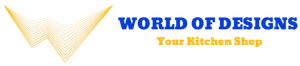 A logo for world of designs your kitchen shop