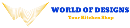 A logo for world of designs your kitchen shop
