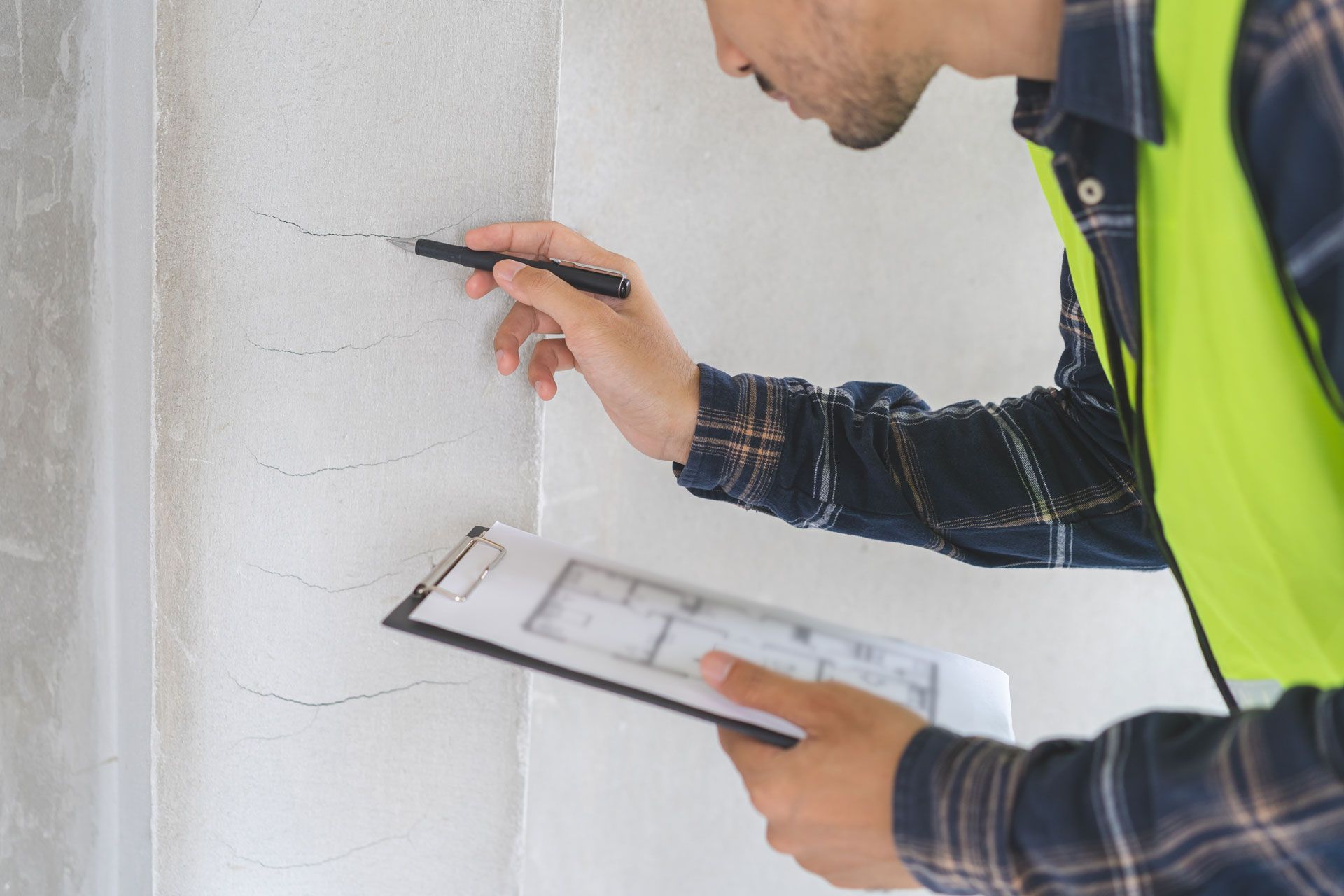 Person in a neon safety vest inspecting a wall crack with a clipboard and pencil