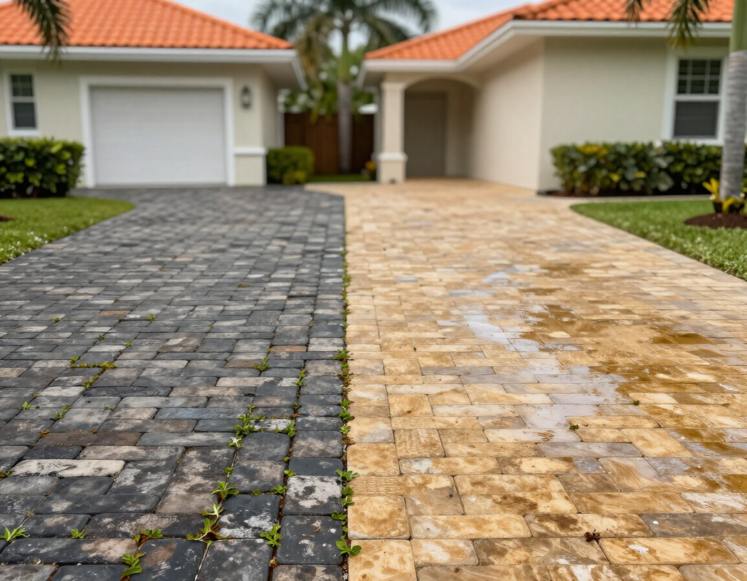 Before and after paver driveway cleaning comparison