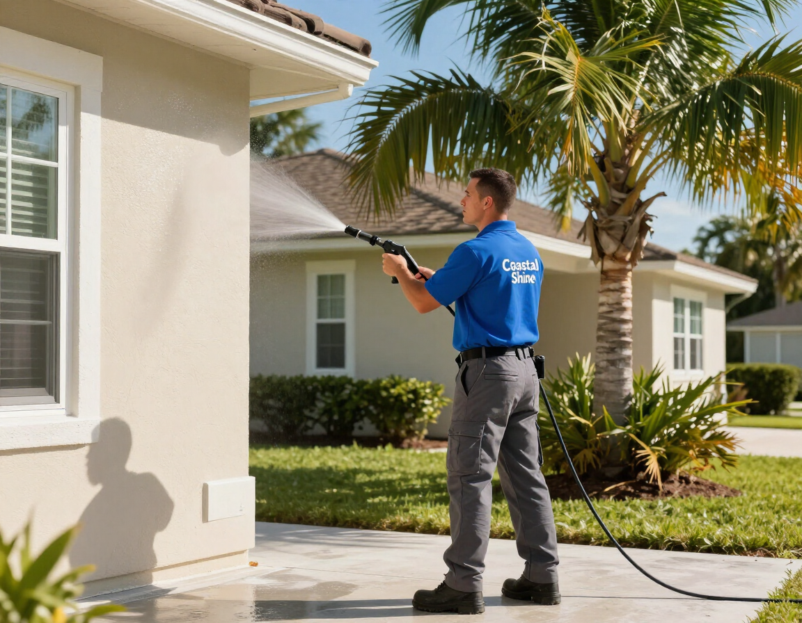 Signature Services technician soft-washing a Florida home