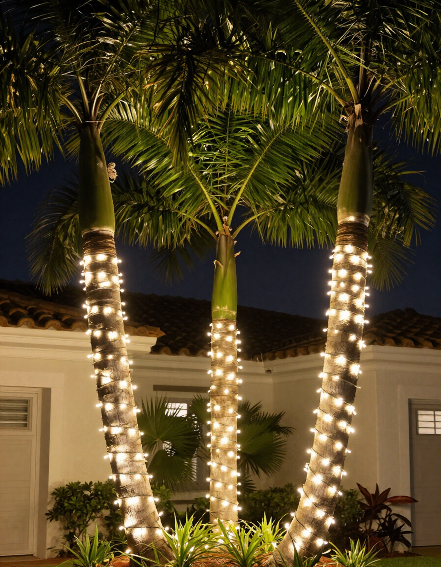 Elegantly lit palm trees and garland entry arch on a Florida home