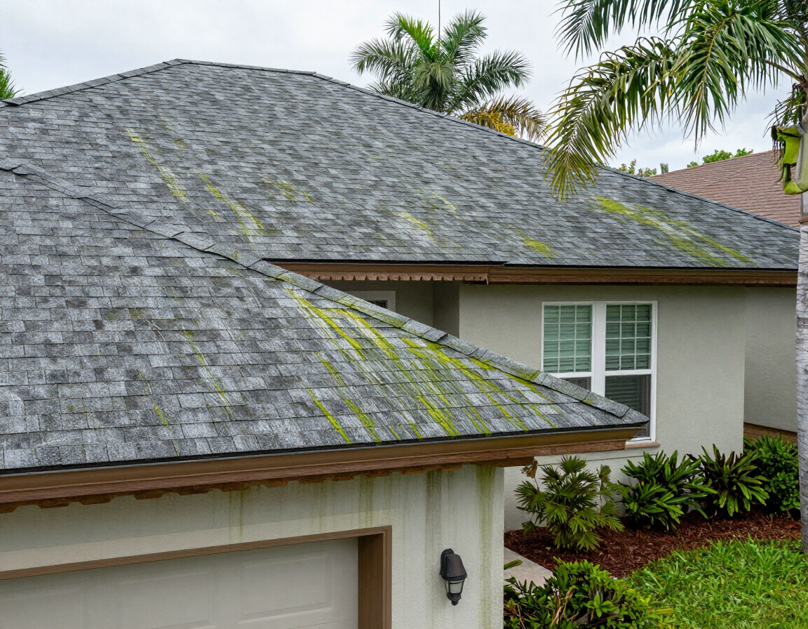 Florida home exterior showing algae streaking on roof shingles and mildew along the fascia