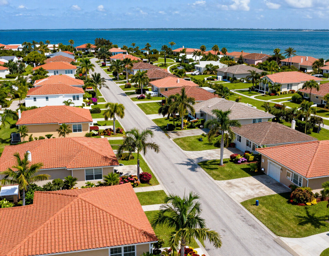 Aerial view of a sunny Tampa Bay neighborhood with palm-lined streets and tiled rooftops