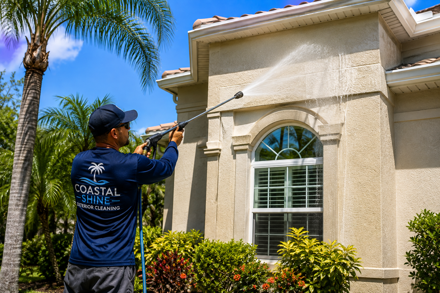 Signature Services technician soft washing the stucco exterior of a Florida home