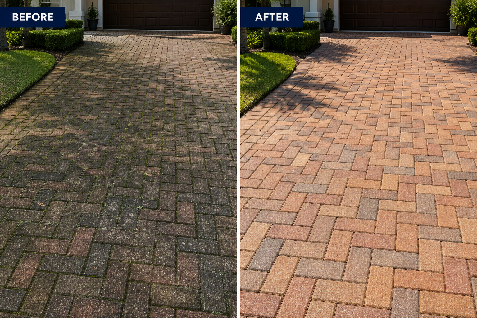 Before and after house washing on a stucco home in Tampa Bay, showing algae and exterior buildup removed