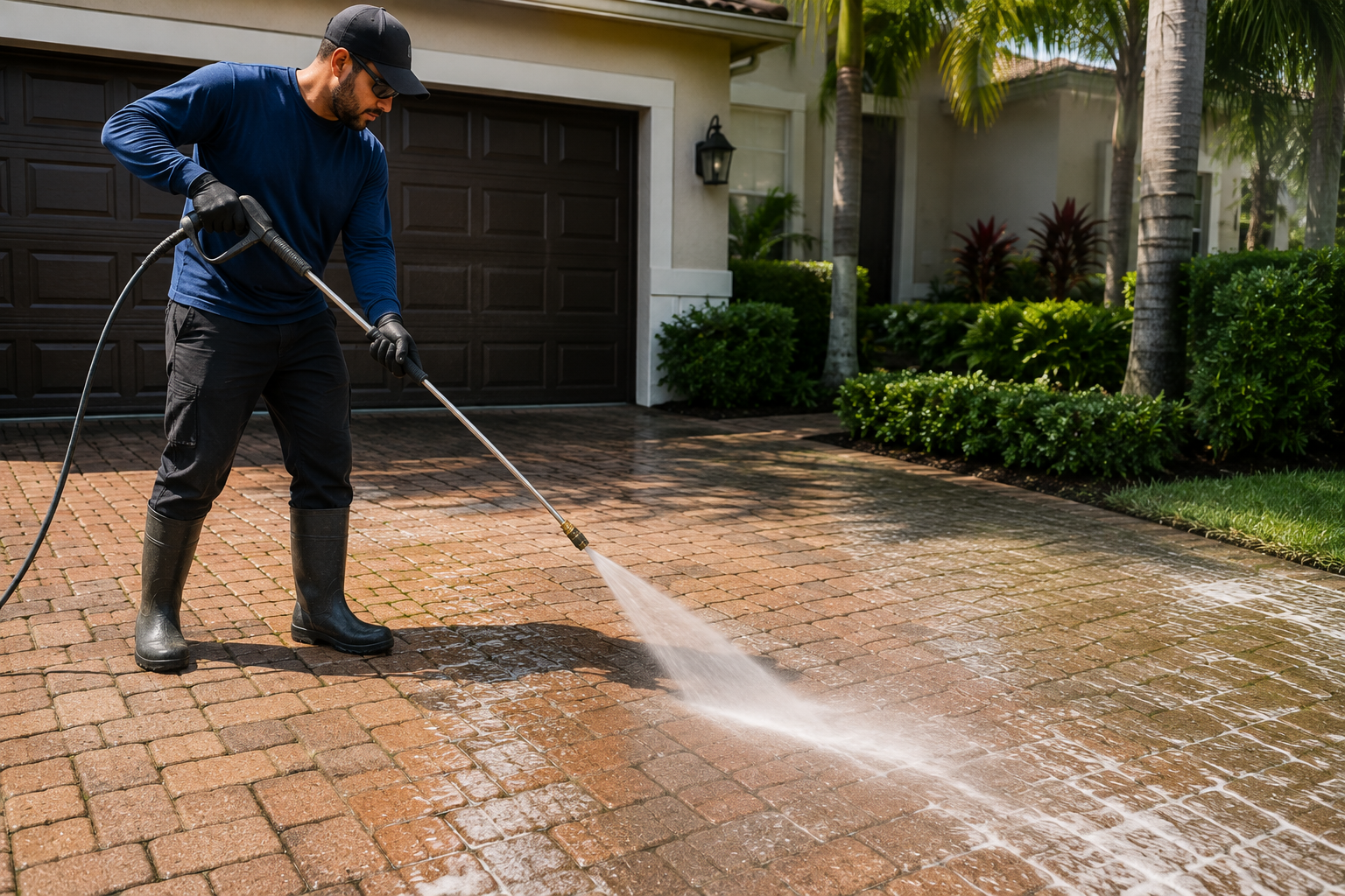 Signature Services technician soft washing the stucco exterior of a Florida home