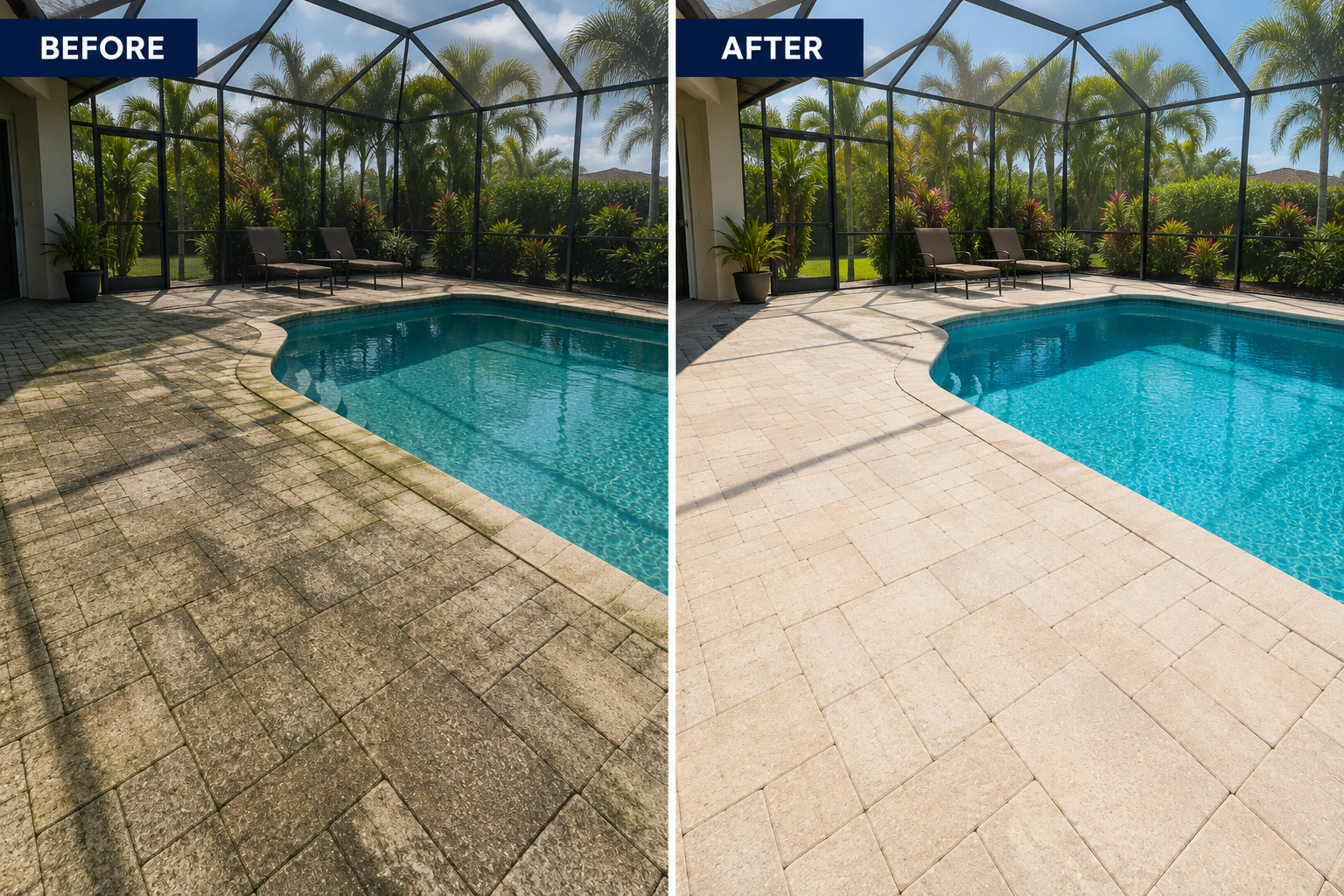 Before and after house washing on a stucco home in Tampa Bay, showing algae and exterior buildup removed